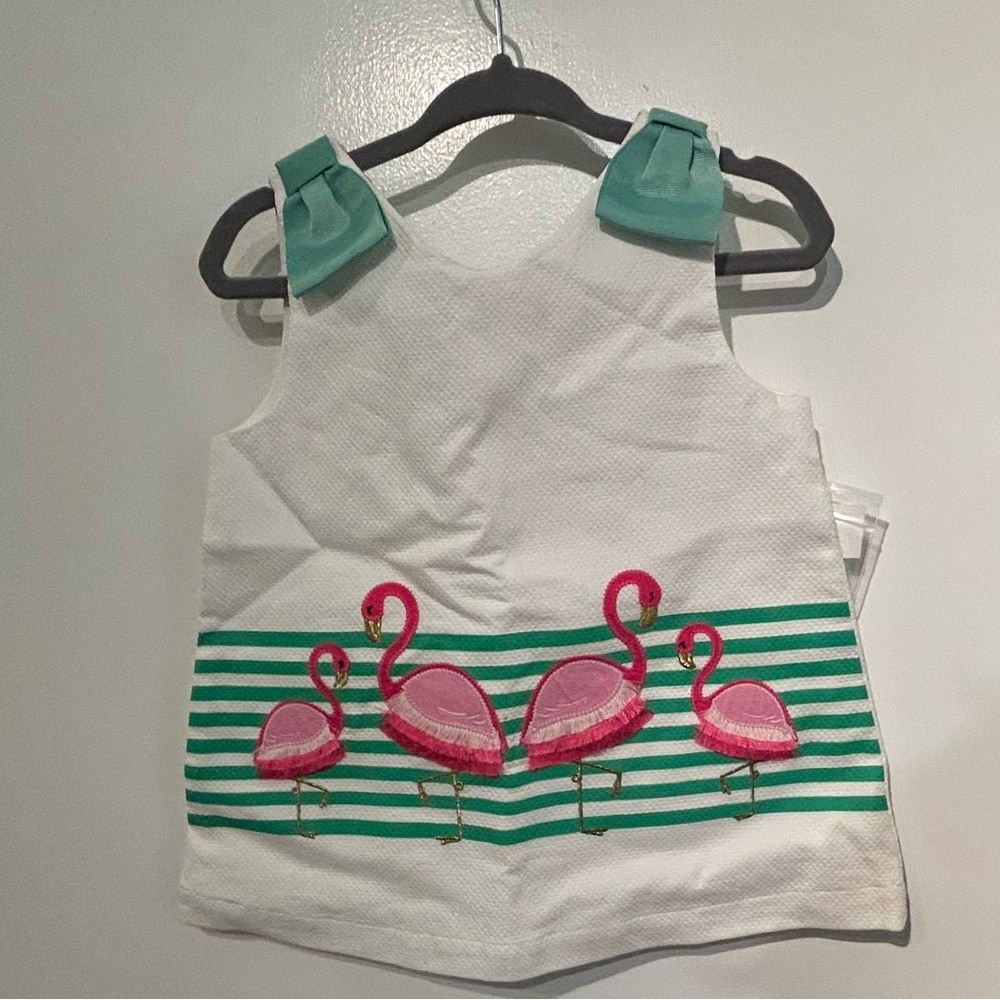 Flamingo Appliqué Dress with Green Stripes